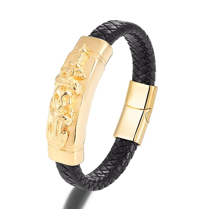 Men's Leather Bracelet Punk Skull Gold Color Luxury Stainless Steel Handmade Rope Jewelry