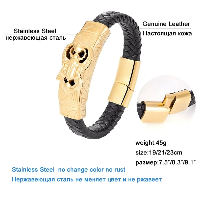 Men's Leather Bracelet Punk Skull Gold Color Luxury Stainless Steel Handmade Rope Jewelry