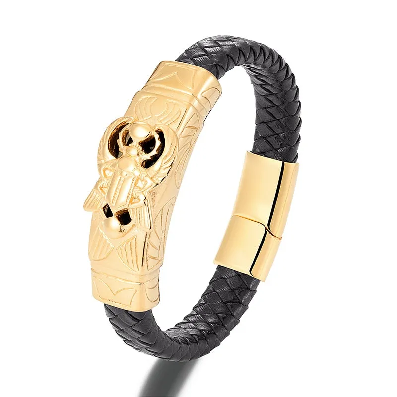 Men's Leather Bracelet Punk Skull Gold Color Luxury Stainless Steel Handmade Rope Jewelry