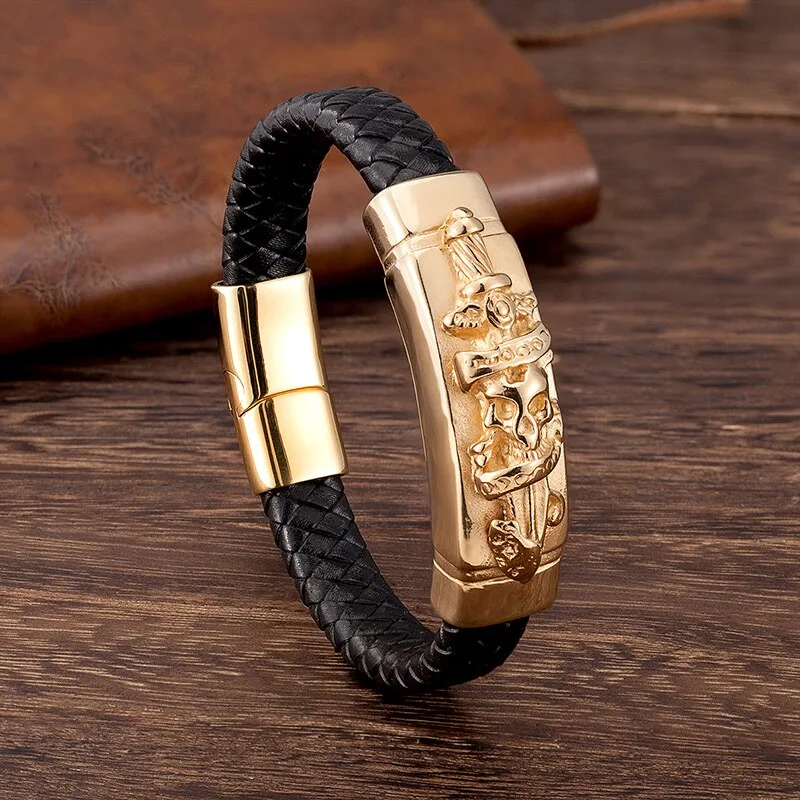 Men's Leather Bracelet Punk Skull Gold Color Luxury Stainless Steel Handmade Rope Jewelry
