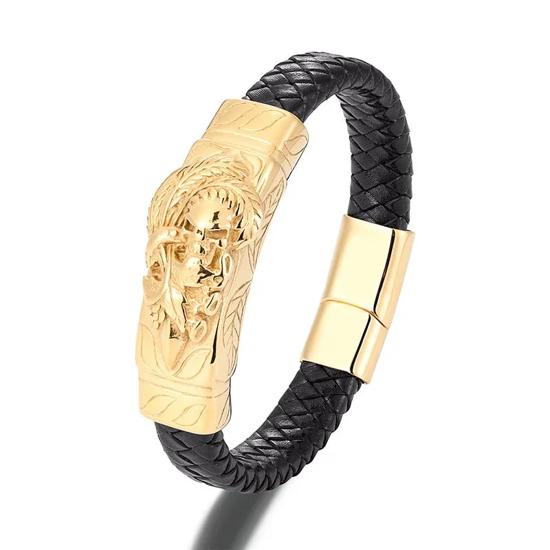 Men's Leather Bracelet Punk Skull Gold Color Luxury Stainless Steel Handmade Rope Jewelry