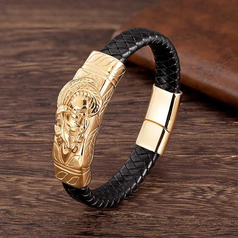 Men's Leather Bracelet Punk Skull Gold Color Luxury Stainless Steel Handmade Rope Jewelry
