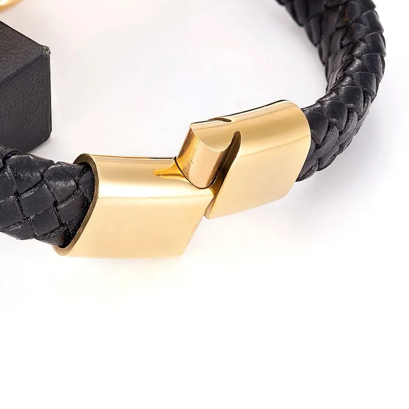 Men's Leather Bracelet Punk Skull Gold Color Luxury Stainless Steel Handmade Rope Jewelry