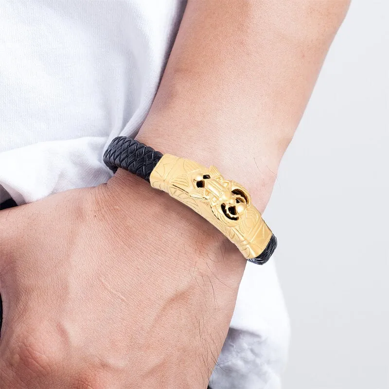 Men's Leather Bracelet Punk Skull Gold Color Luxury Stainless Steel Handmade Rope Jewelry