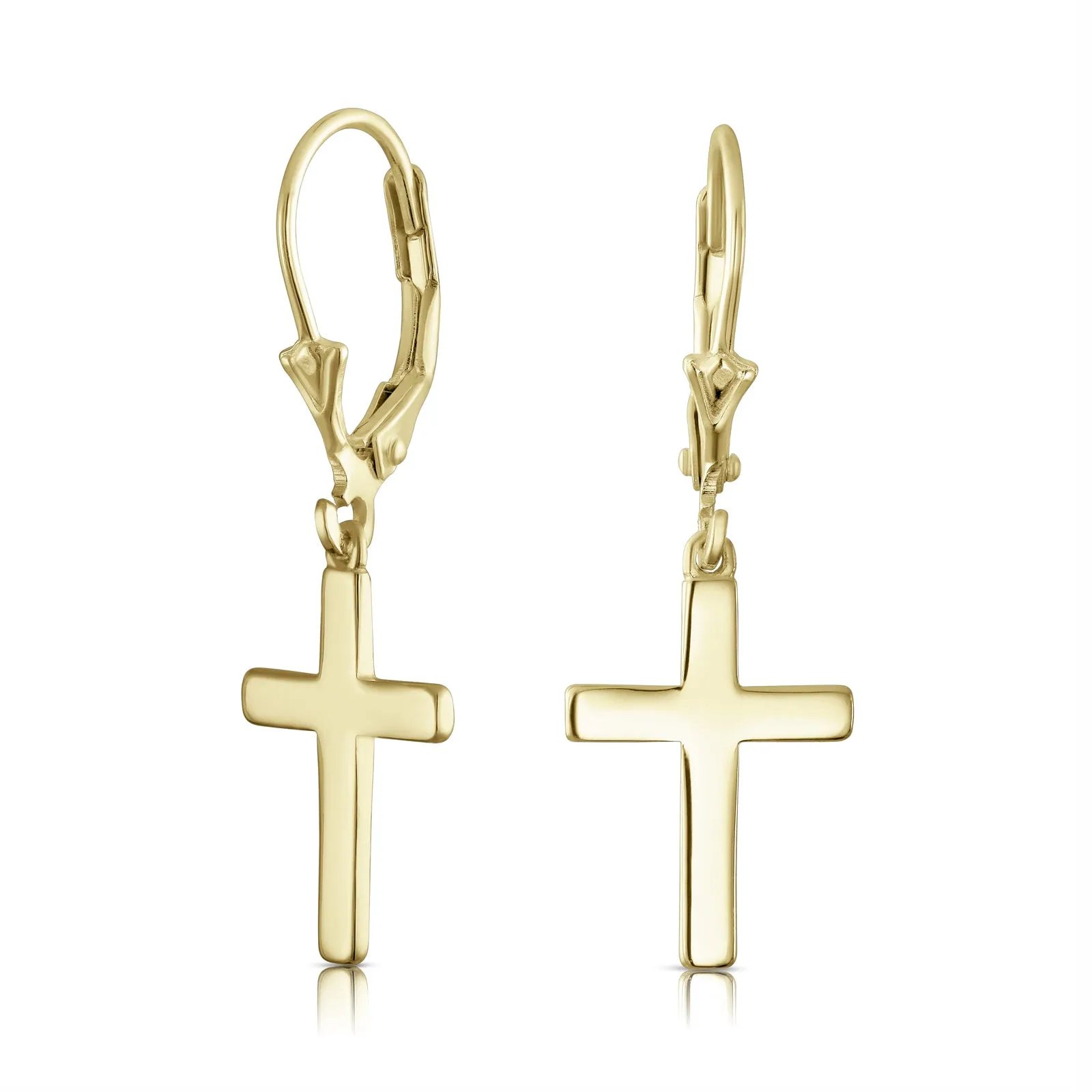 Minimalist Religious Cross Dangle Earrings 14K Gold Plated Sterling Silver