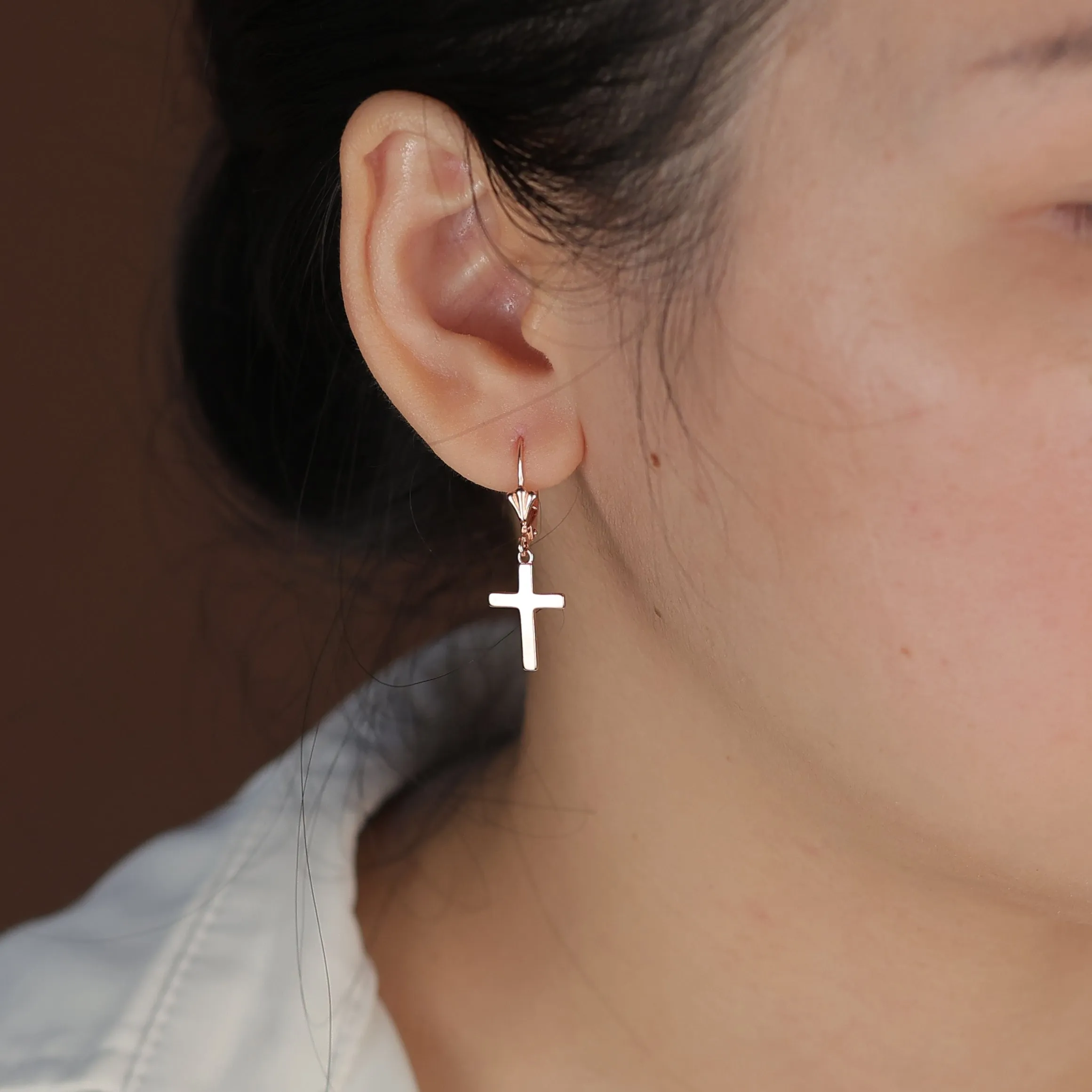 Minimalist Religious Cross Dangle Earrings 14K Gold Plated Sterling Silver