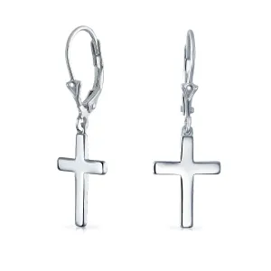 Minimalist Religious Cross Dangle Earrings 14K Gold Plated Sterling Silver
