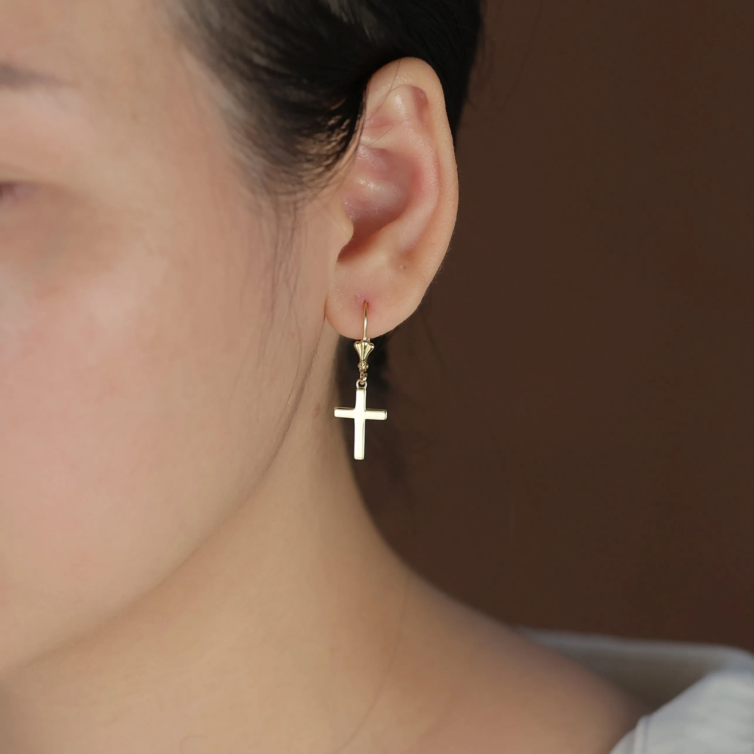 Minimalist Religious Cross Dangle Earrings 14K Gold Plated Sterling Silver