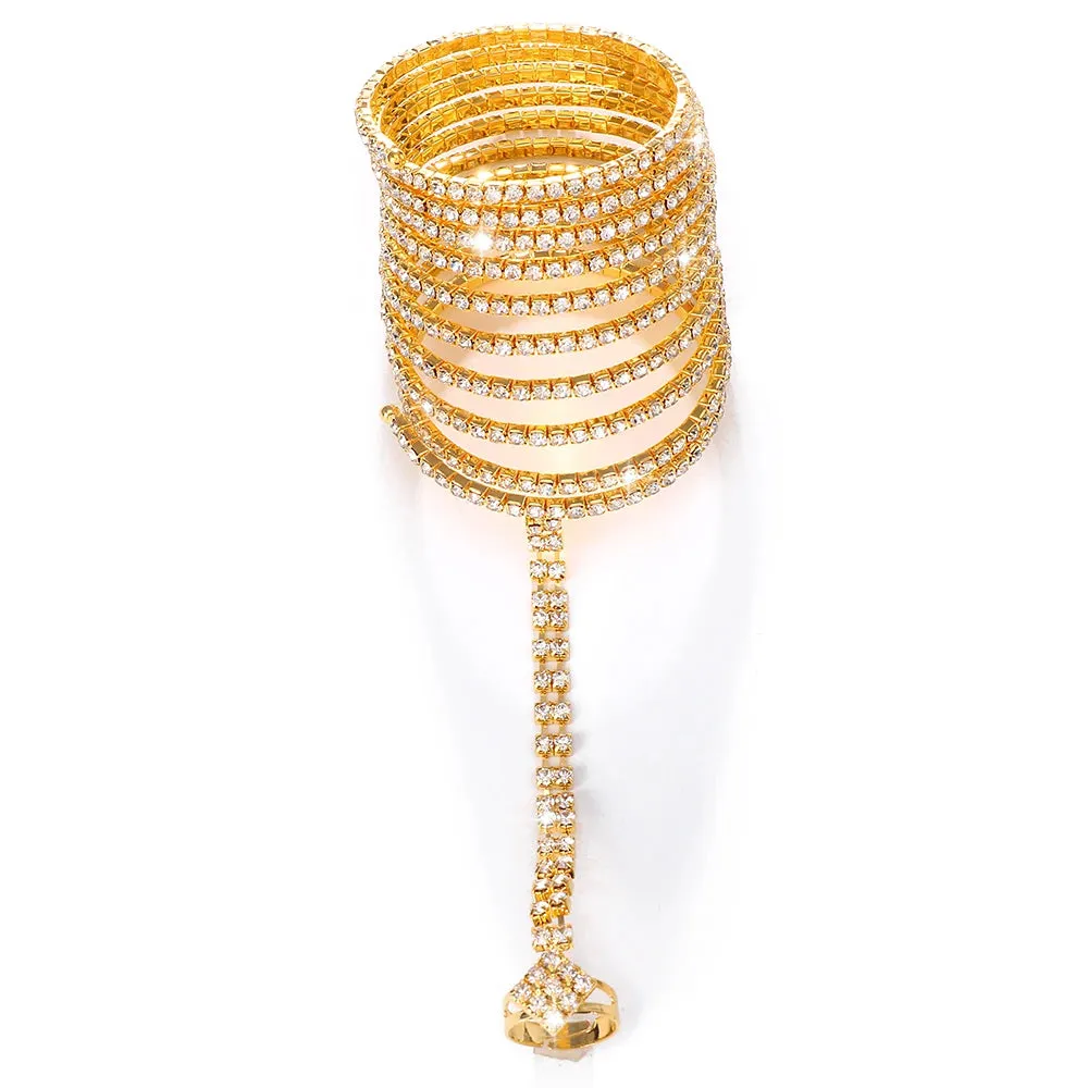 Multi-layer Crystal Finger Chain Bracelets for Women Rhinestone Stretch Bangle Upper Arm Bracelet