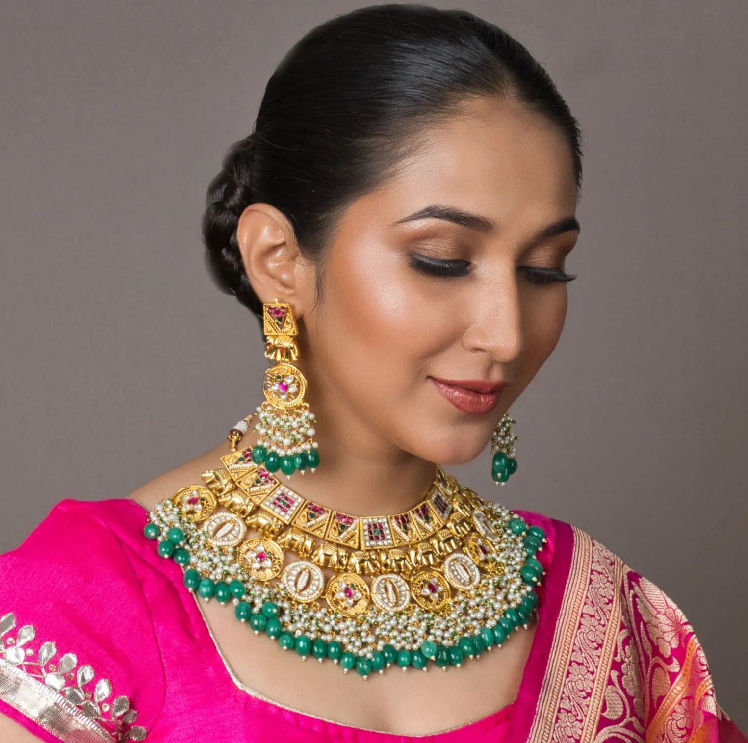 Opulent Temple Bridal Choker Set with Elegant Earrings