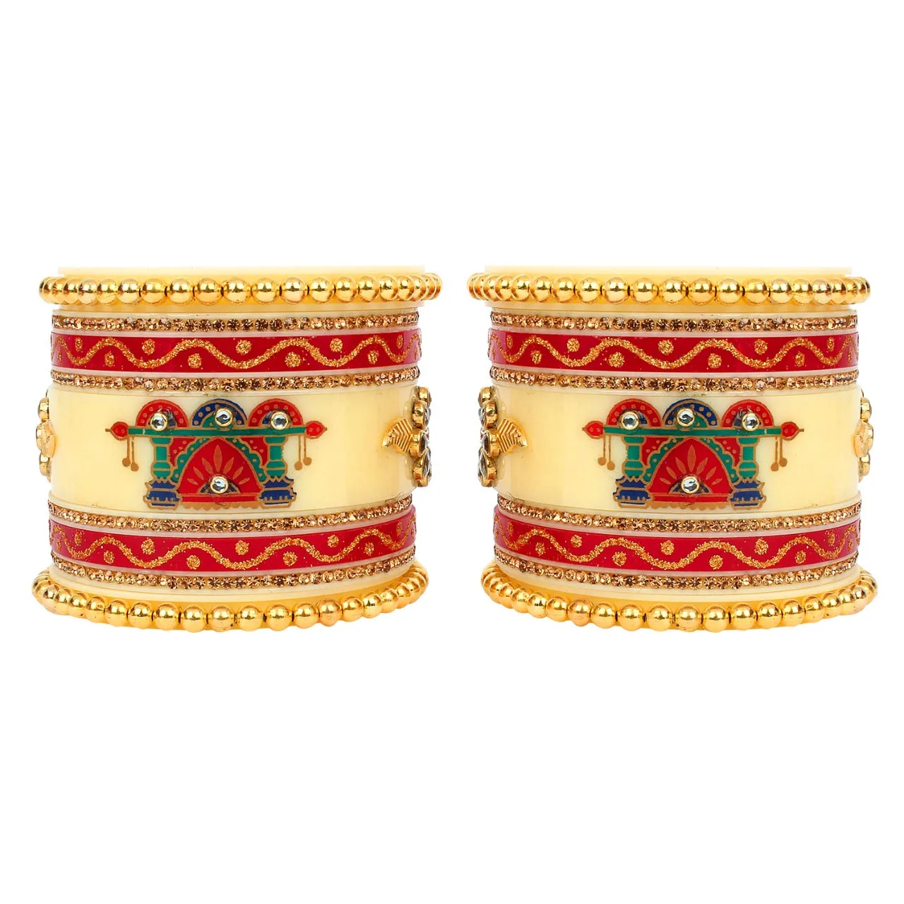 Pearl And Kundan Studd Yellow and red Color Chuda Set for Women