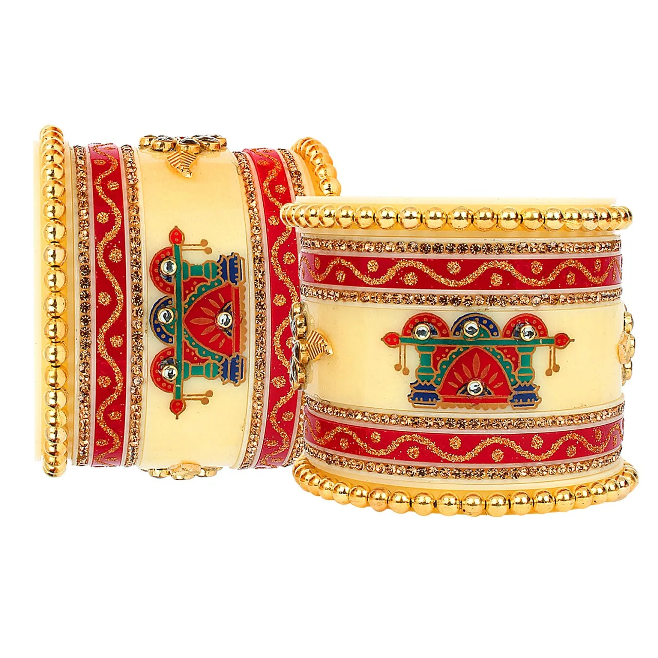 Pearl And Kundan Studd Yellow and red Color Chuda Set for Women