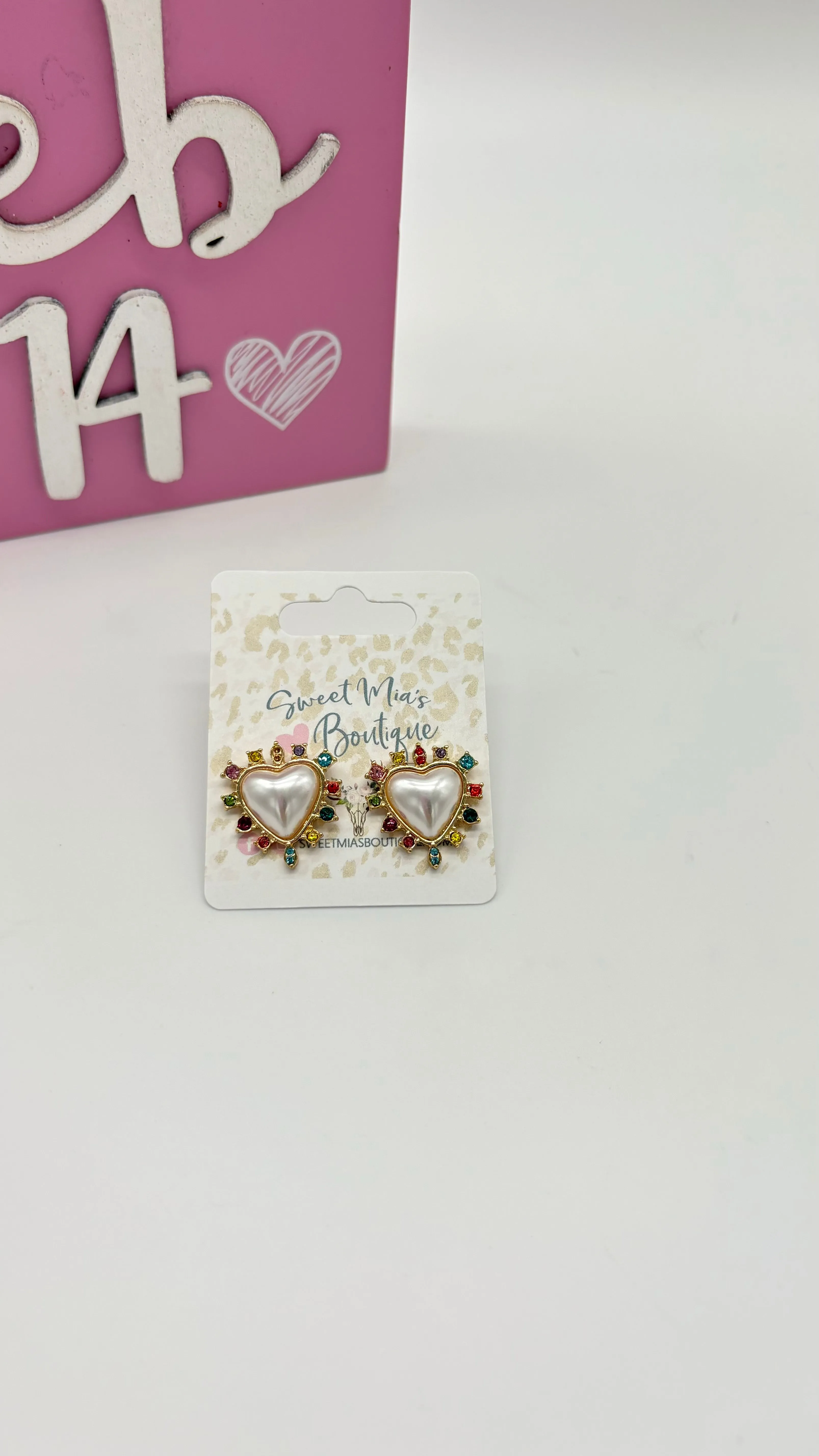 Pearl and Multicolor Rhinestone Heart Earrings