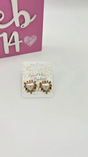 Pearl and Multicolor Rhinestone Heart Earrings