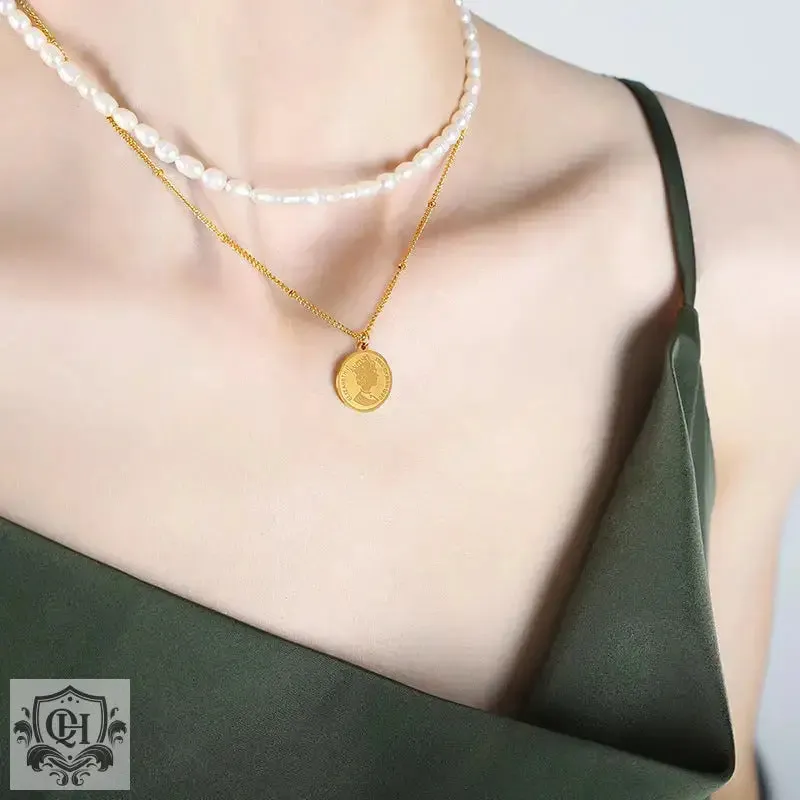 Pearl Medallion Double Layer Necklace