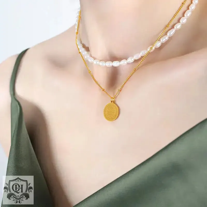 Pearl Medallion Double Layer Necklace