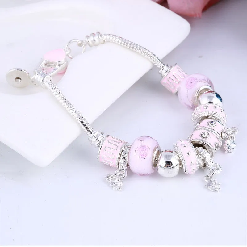 Pink Crystal Charm Silver Bracelets & Bangles for Women