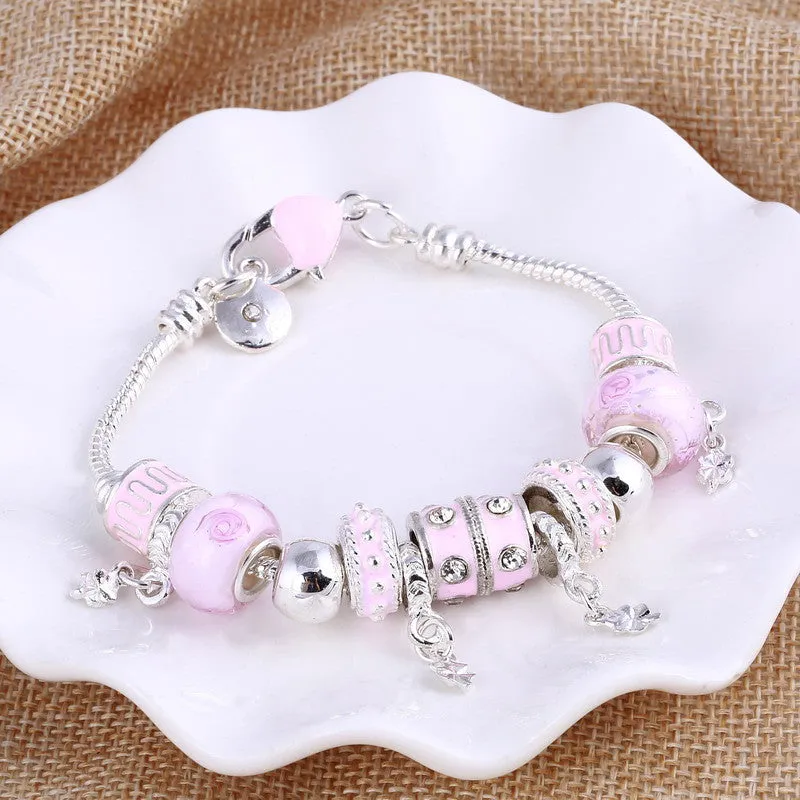 Pink Crystal Charm Silver Bracelets & Bangles for Women