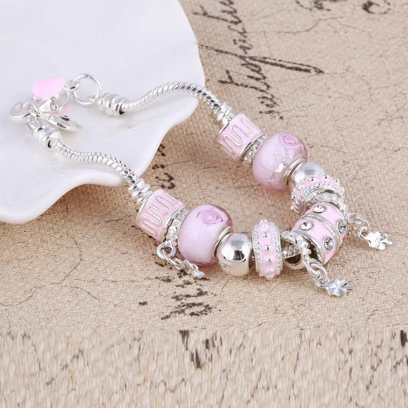 Pink Crystal Charm Silver Bracelets & Bangles for Women