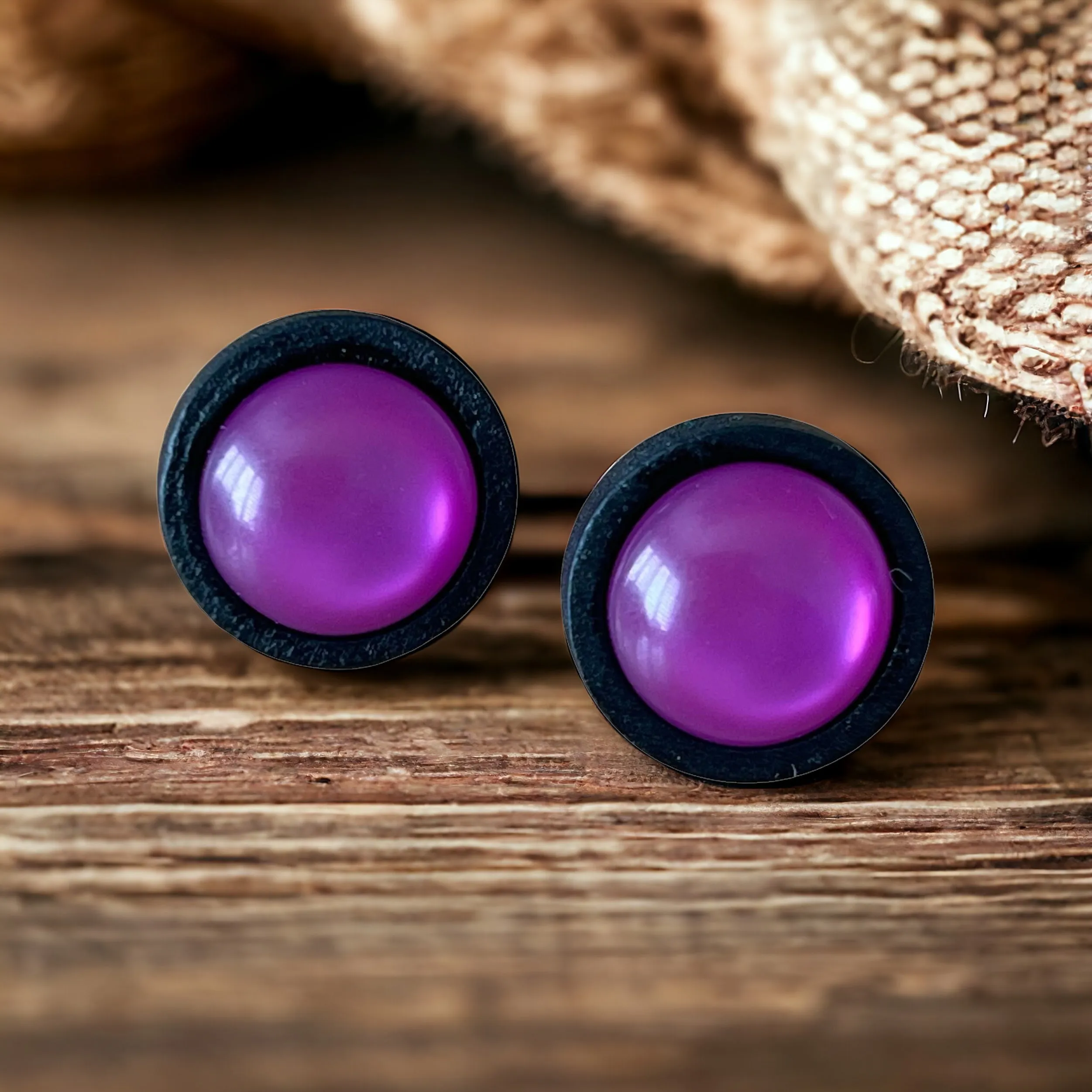 Purple Resin Black Wood Unisex Stud Earrings - Unique & Stylish Accessories