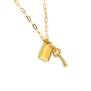 Real Gold Key Lock Love Dangler Paper Clip Necklace 0003 (45 C.M) N1370