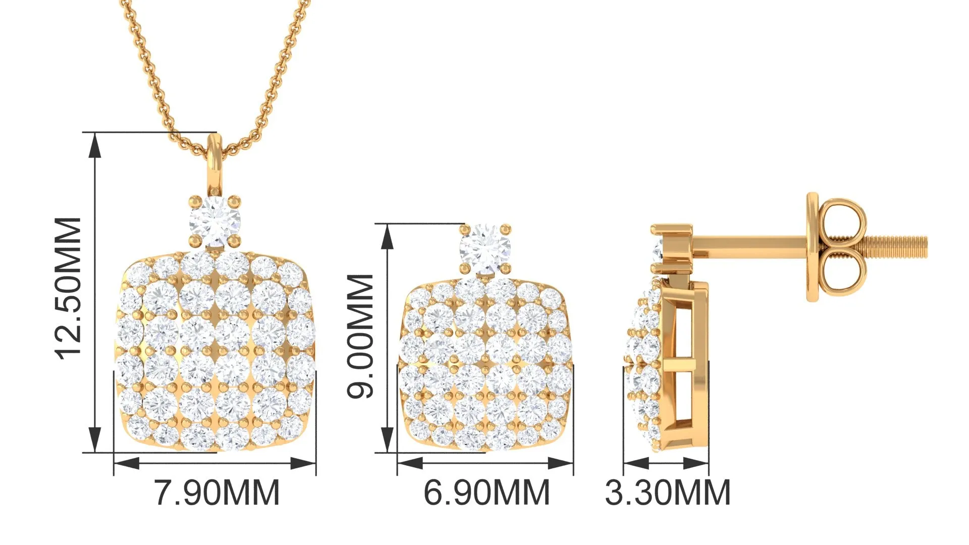 Round Moissanite Square Shape Pendant and Earrings