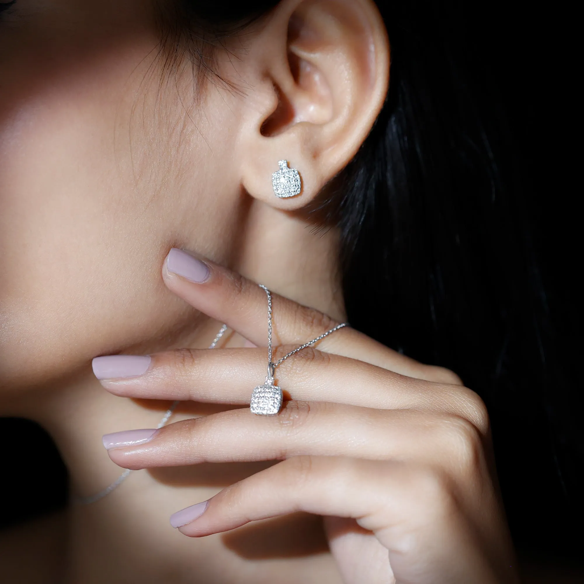 Round Moissanite Square Shape Pendant and Earrings