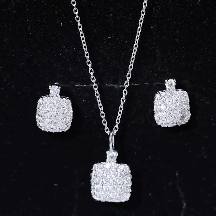 Round Moissanite Square Shape Pendant and Earrings