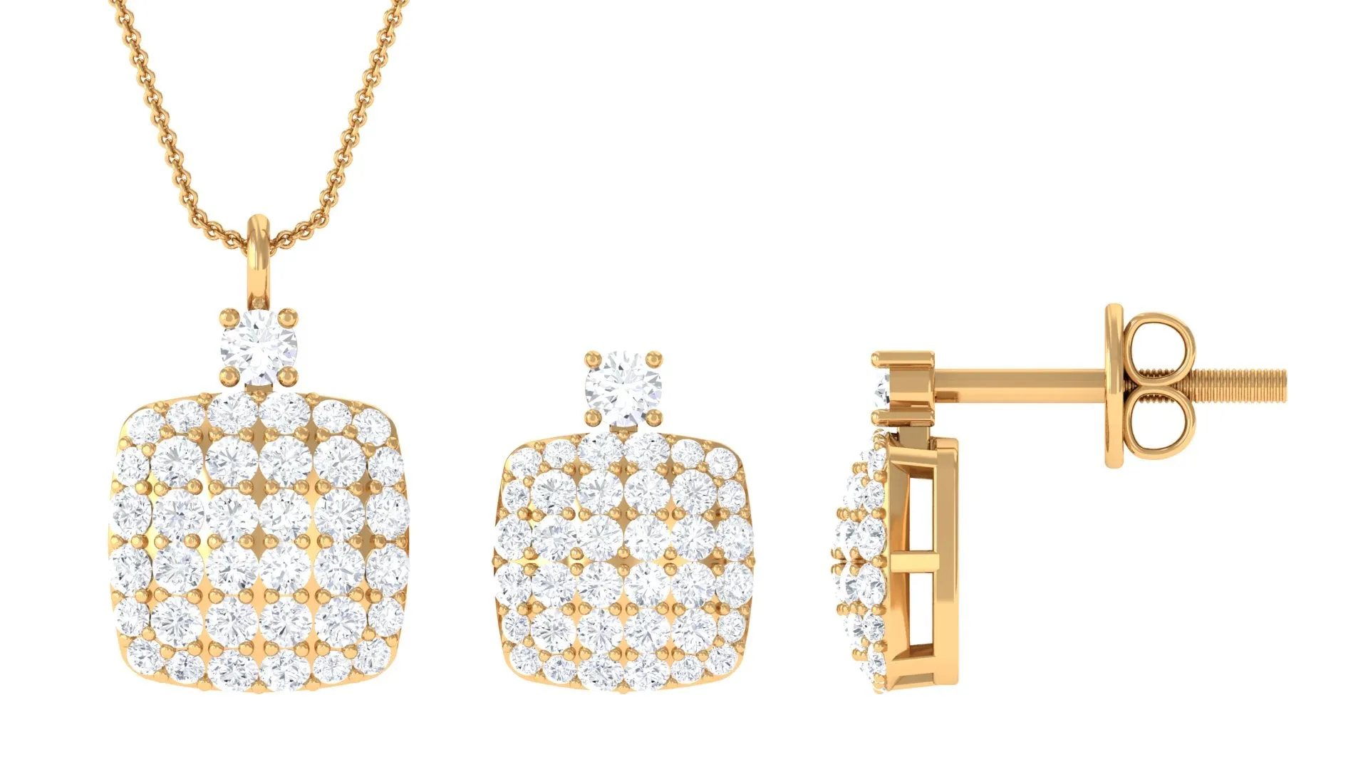 Round Moissanite Square Shape Pendant and Earrings