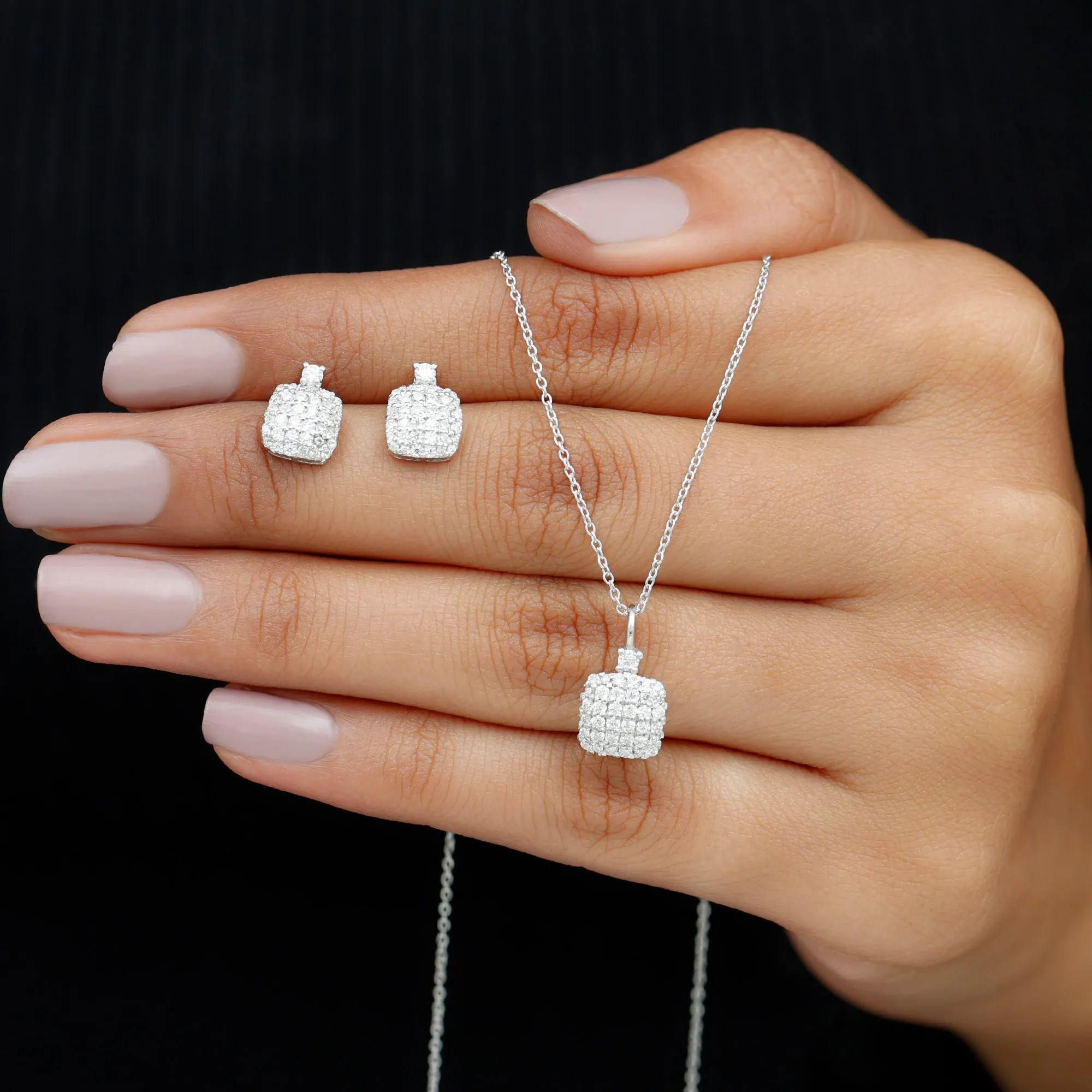 Round Moissanite Square Shape Pendant and Earrings