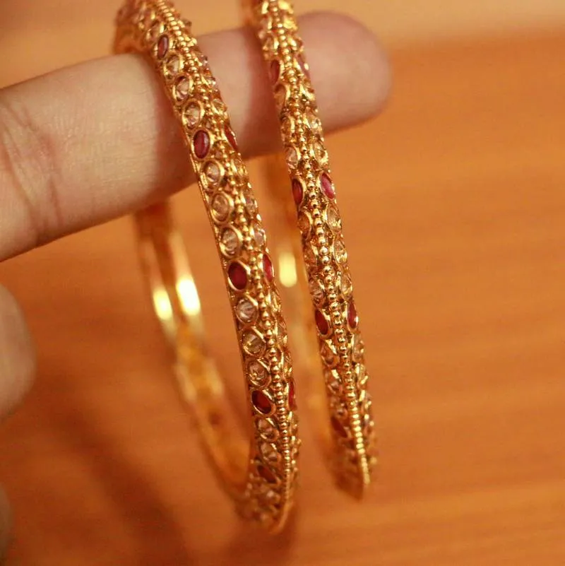 Ruby & Polki Look Gold Plated Antique Bangles