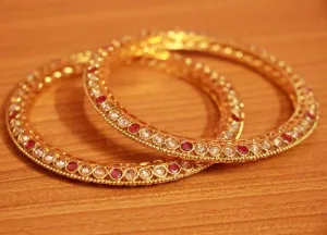 Ruby & Polki Look Gold Plated Antique Bangles