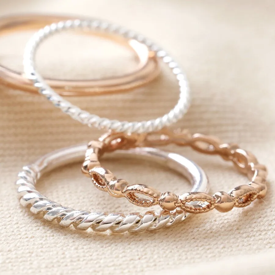 Set of 4 Silver & Rose Gold Stacking Rings 13759