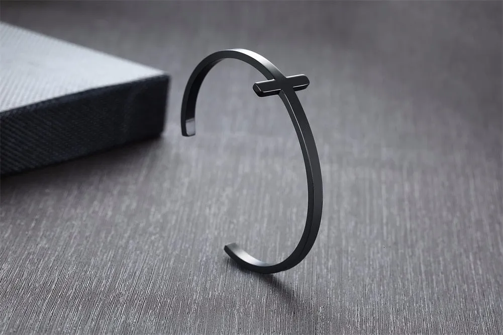 SIDEWAYS CROSS OPEN CUFF BANGLE