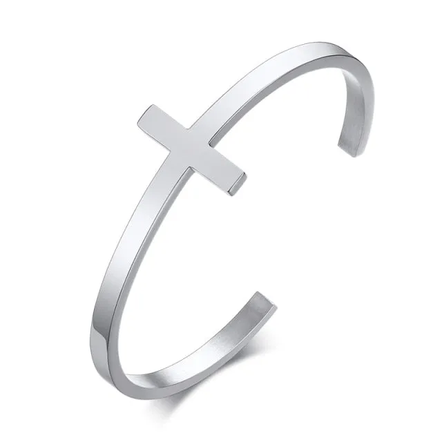 SIDEWAYS CROSS OPEN CUFF BANGLE