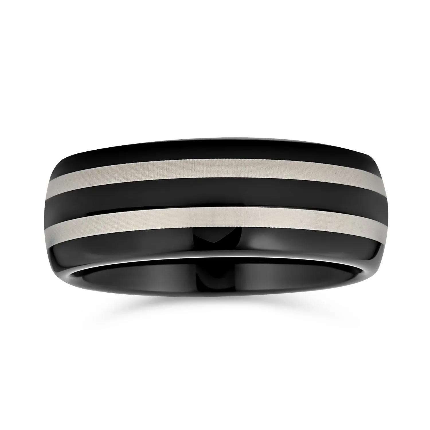 Simple Dome Black Silver Tungsten Wedding Band Ring with Two-Tone Center Stripe Comfort Fit