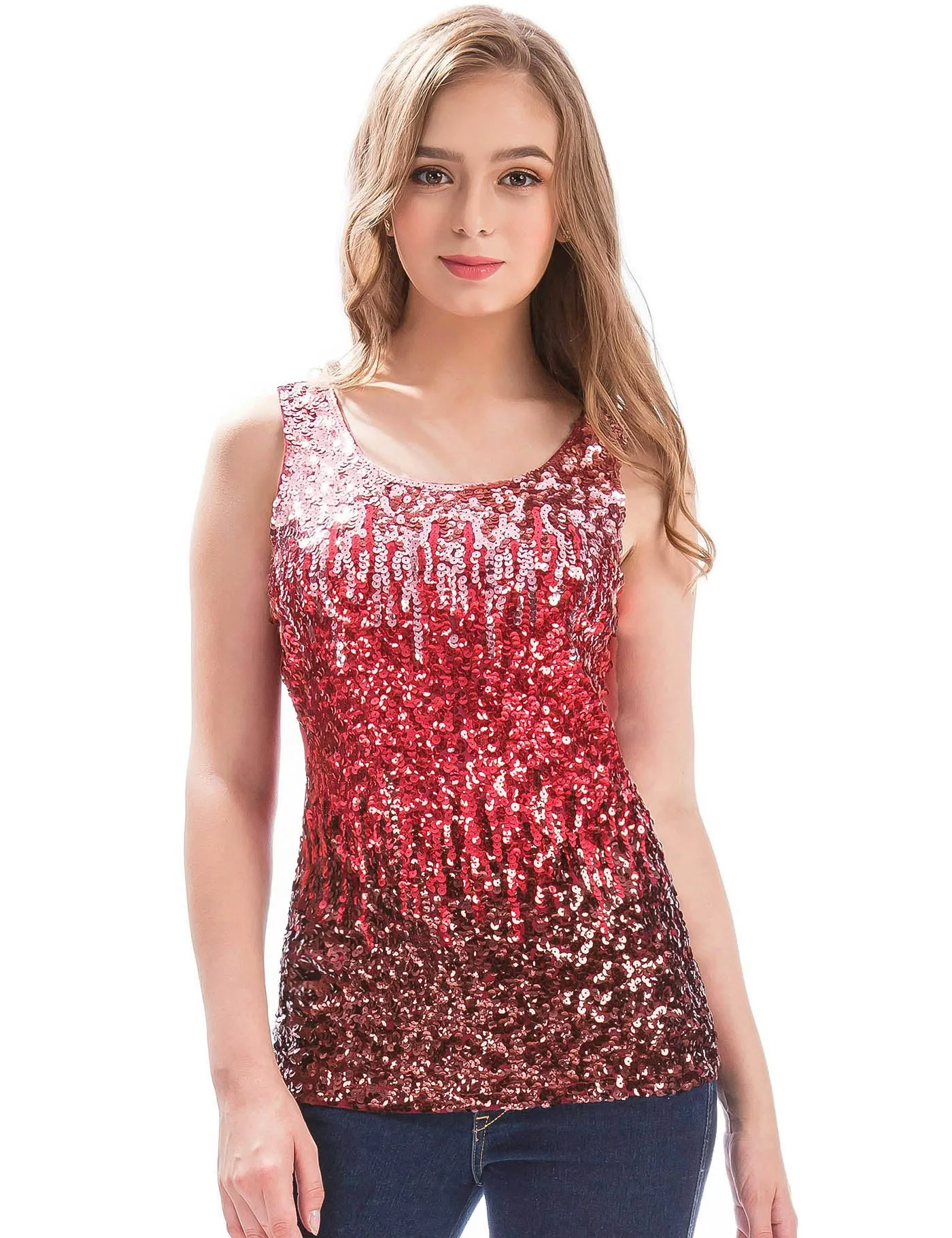 Sleeveless Glitter Sequin Tops Gradient Tank Club Party Vest