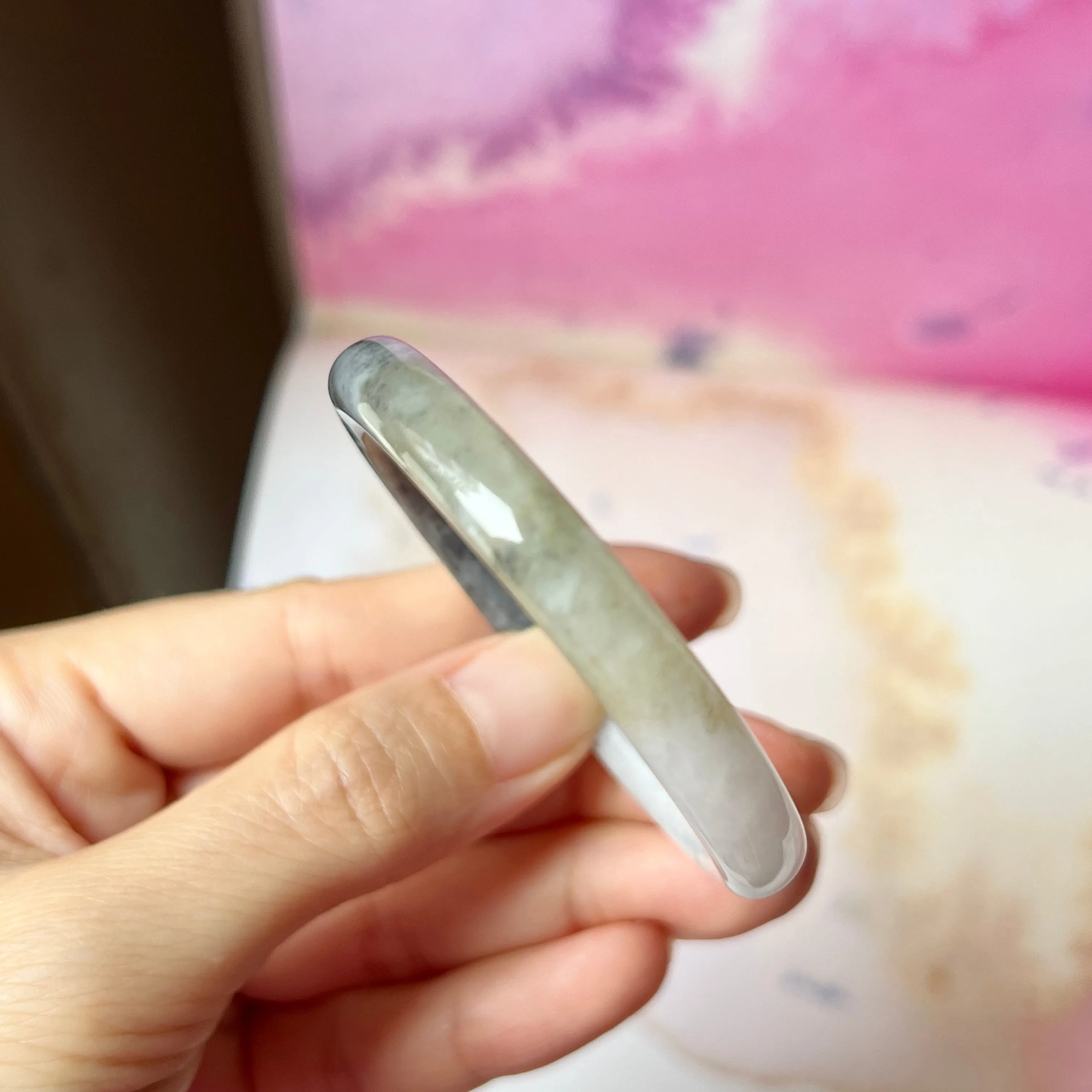 SOLD OUT: 52.7mm A-Grade Natural Black White Jadeite Modern Oval Bangle No.151990