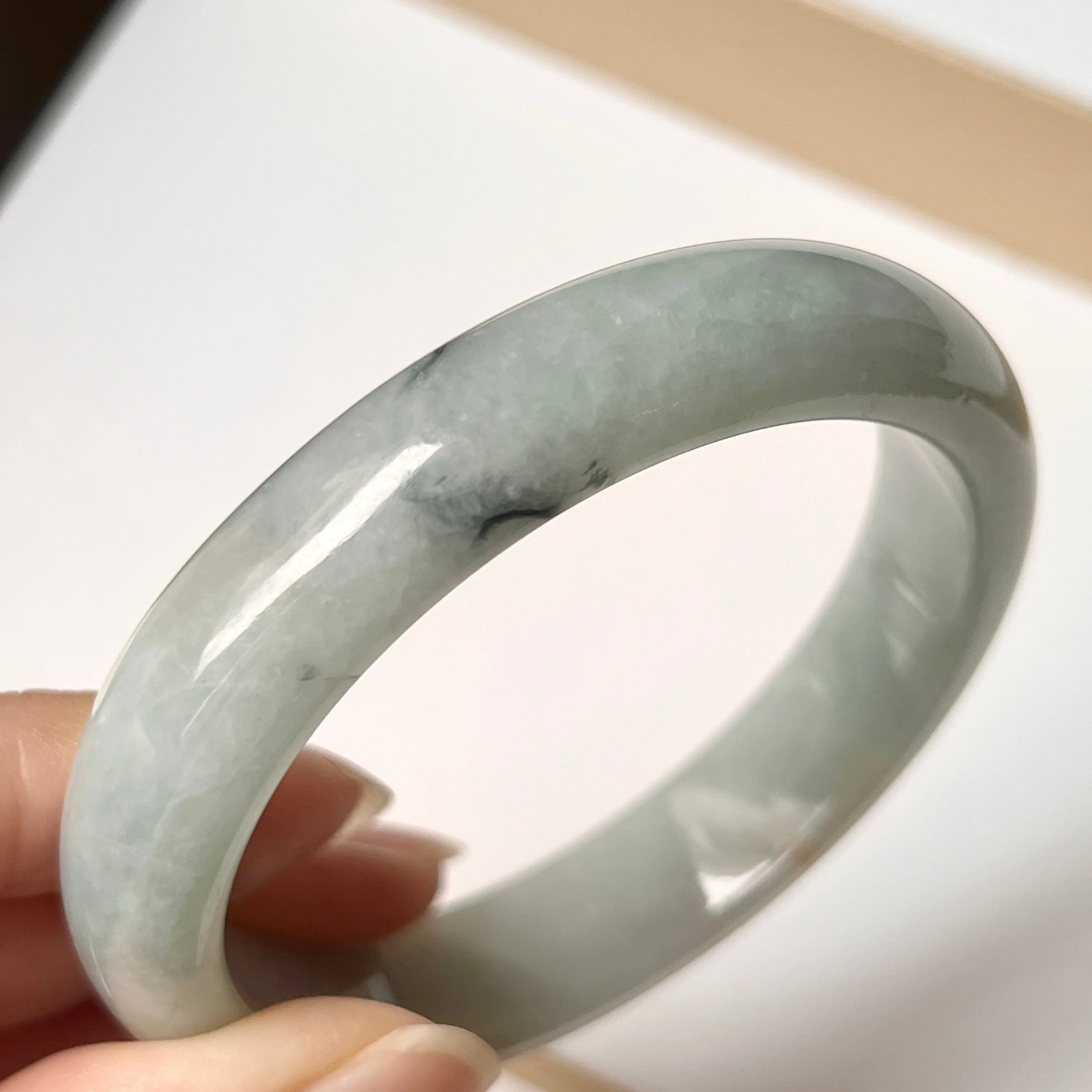 SOLD OUT: 53.8mm A-Grade Natural Light Bluish Green Jadeite Modern Round Bangle No. 152006