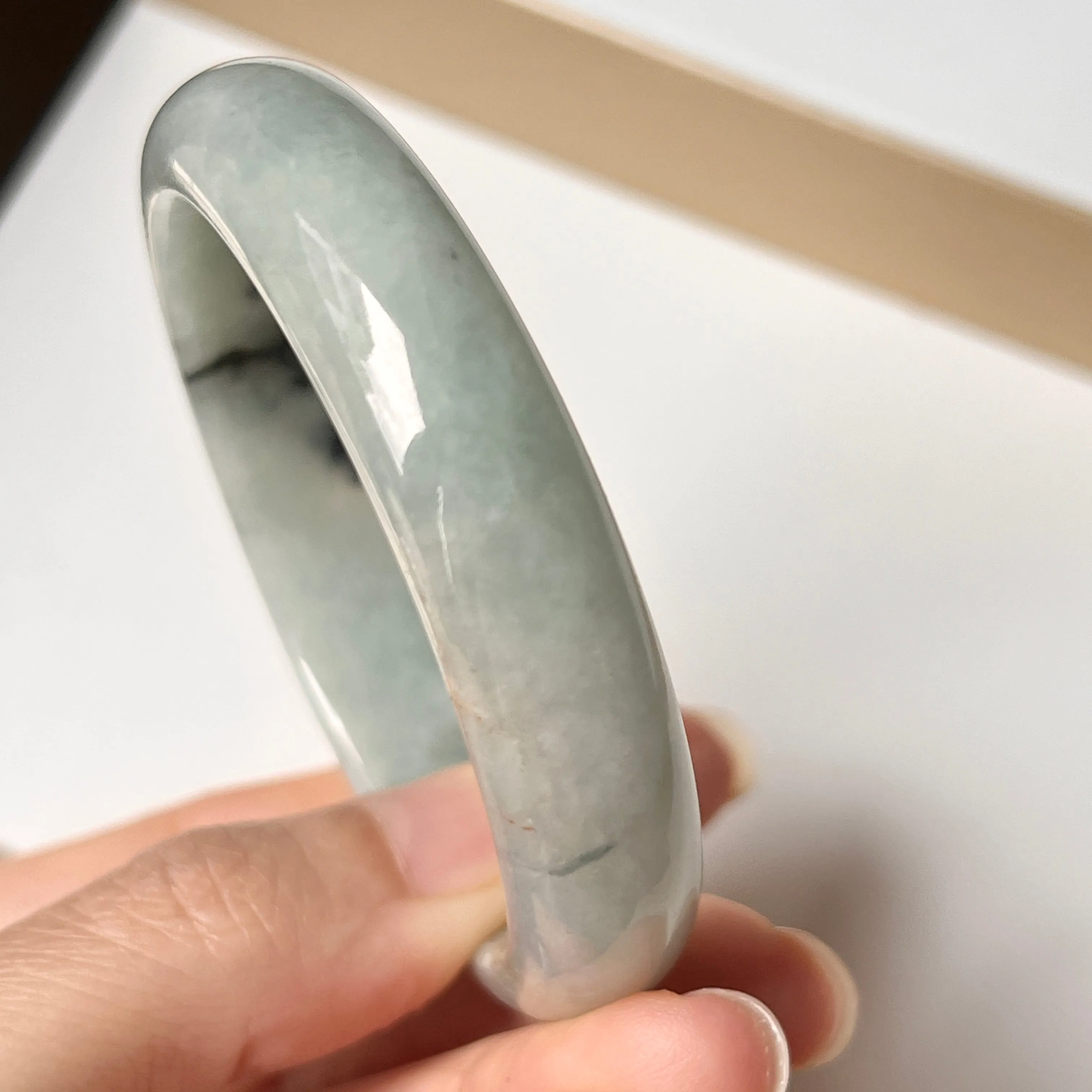 SOLD OUT: 53.8mm A-Grade Natural Light Bluish Green Jadeite Modern Round Bangle No. 152006