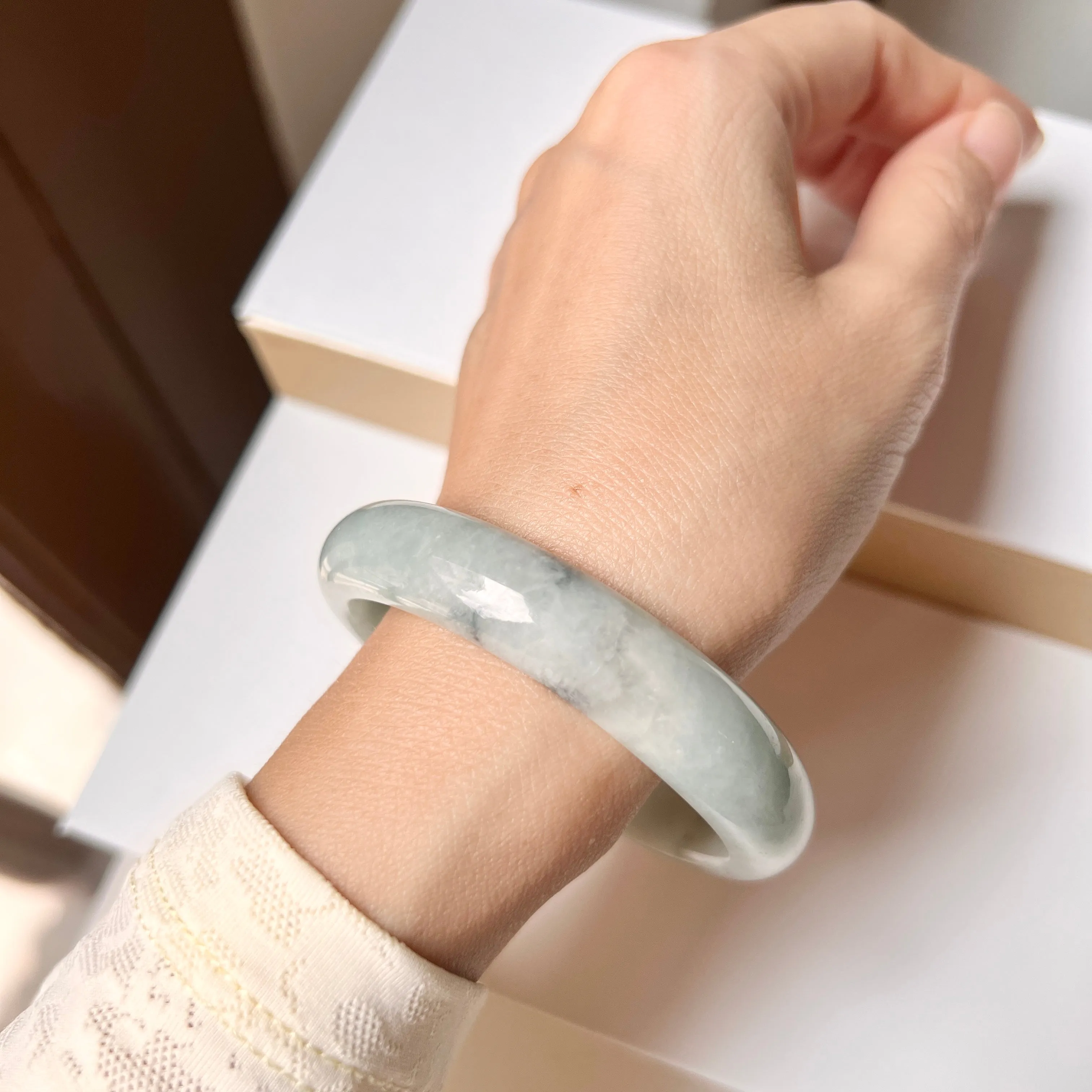 SOLD OUT: 53.8mm A-Grade Natural Light Bluish Green Jadeite Modern Round Bangle No. 152006