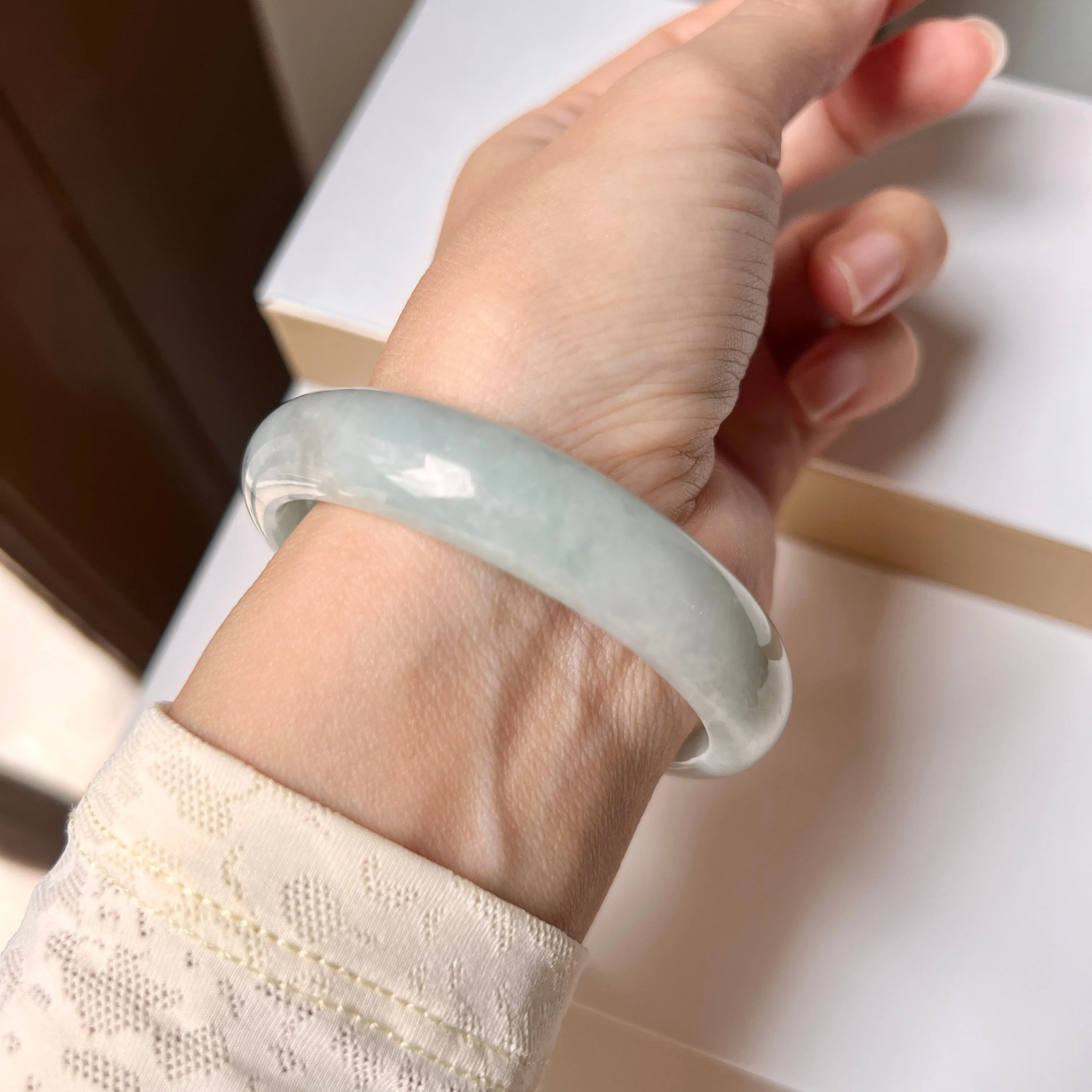 SOLD OUT: 53.8mm A-Grade Natural Light Bluish Green Jadeite Modern Round Bangle No. 152006