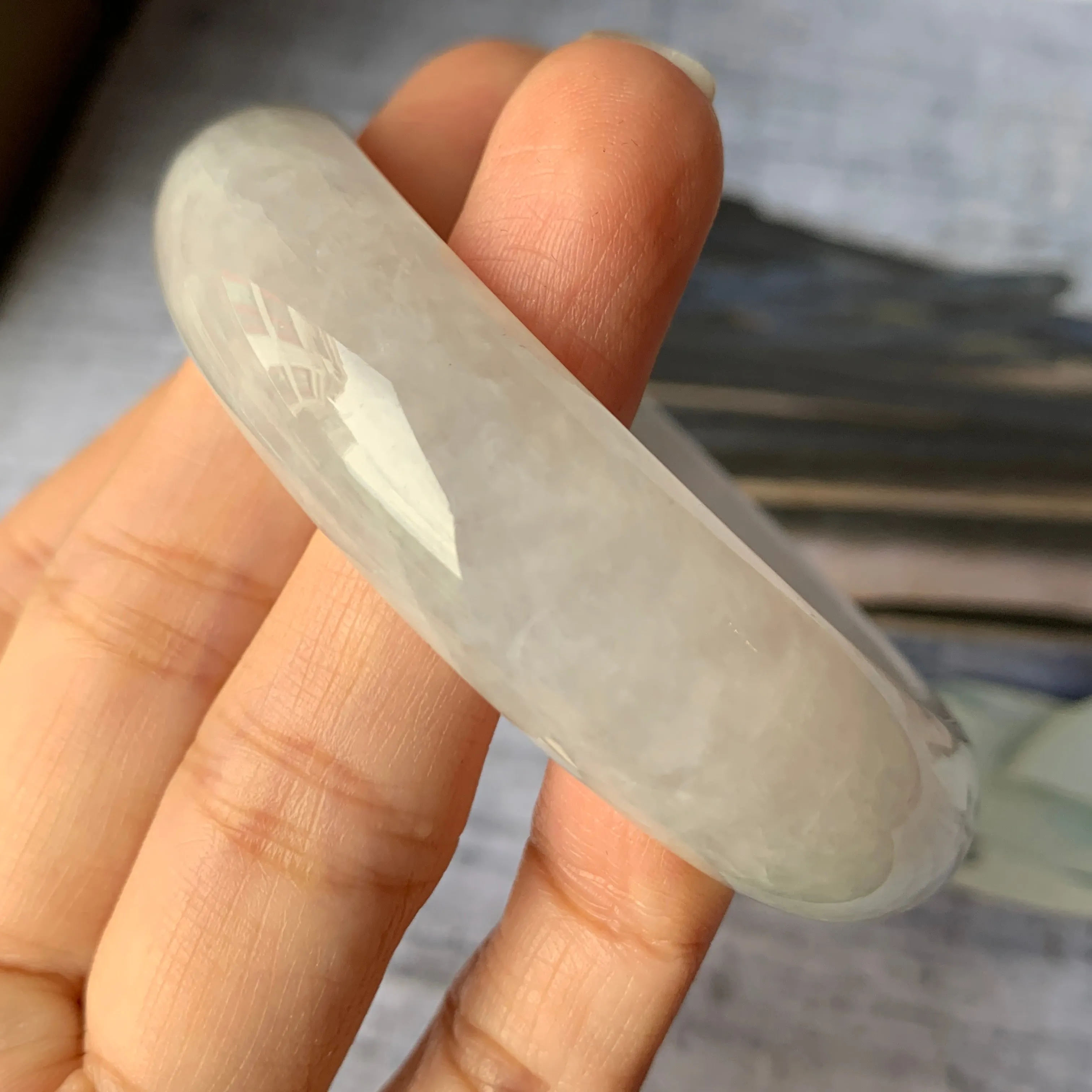 SOLD OUT: 54.1mm A-Grade Natural Light Green Jadeite Modern Round Bangle No.151893
