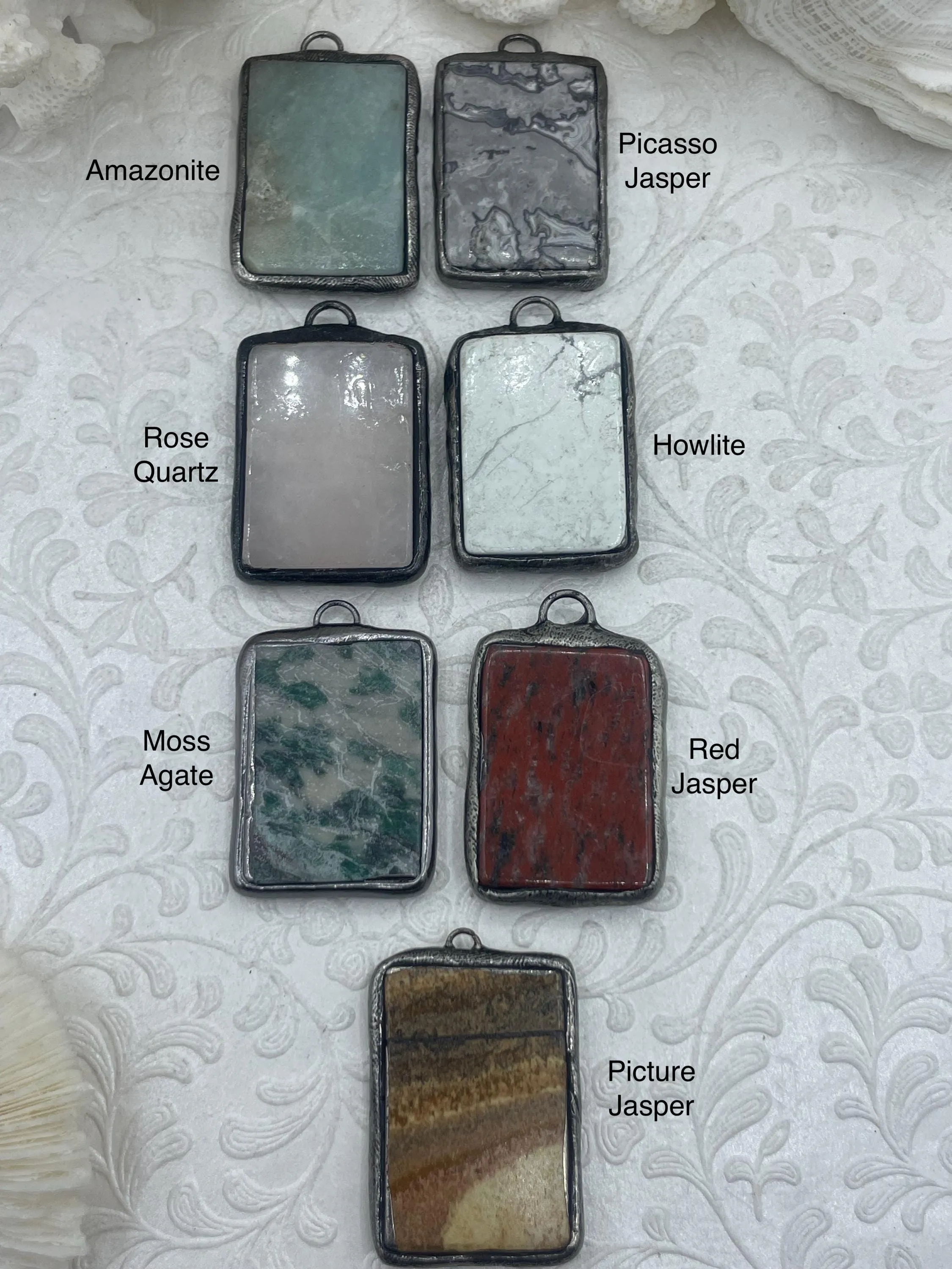 Soldered Natural Stone Pendants, Rectangle Stone Pendants with Gunmetal ,Comes in a variety of patterns, 7 Styles, Natural Stone, Fast Ship.