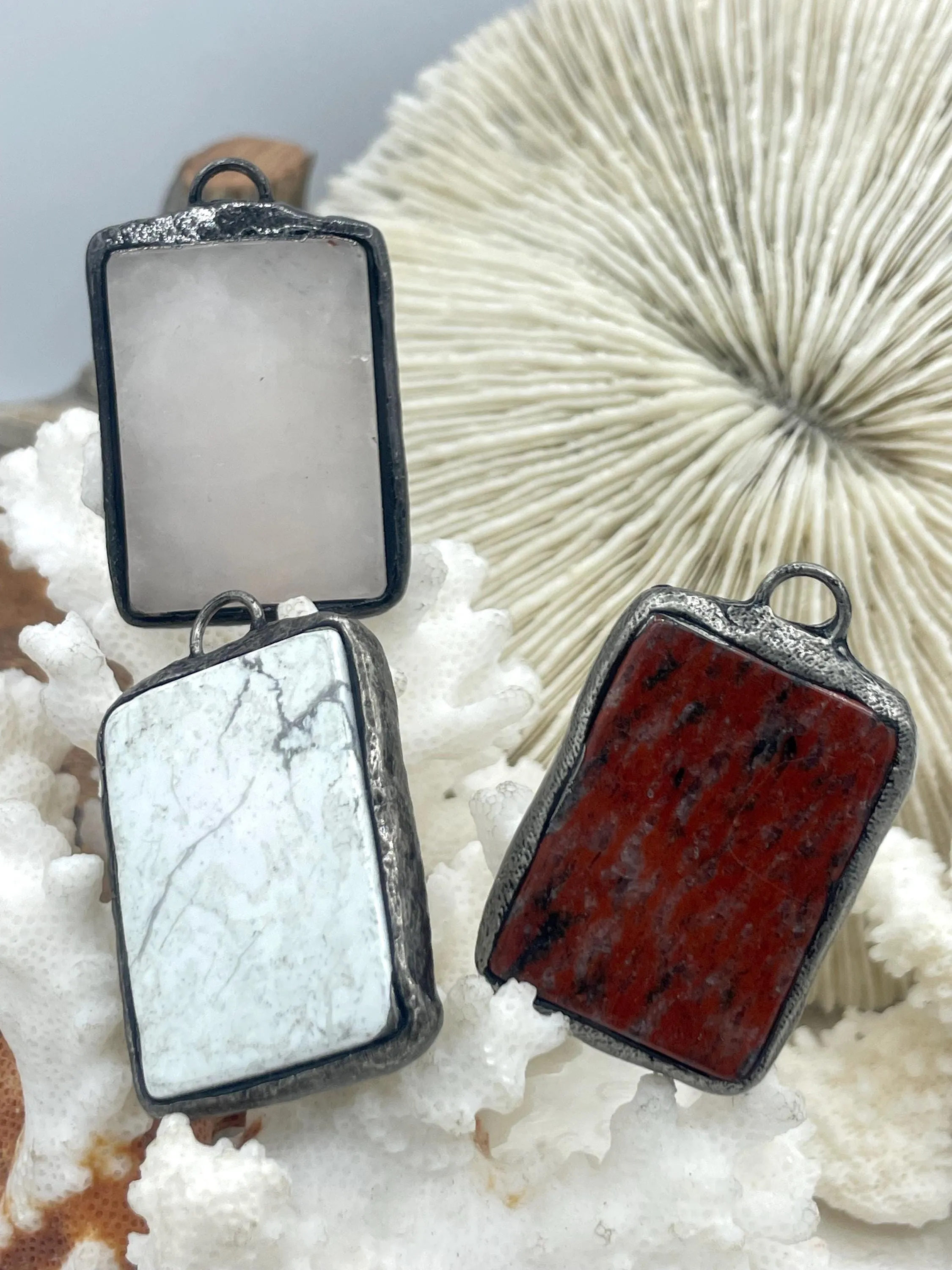 Soldered Natural Stone Pendants, Rectangle Stone Pendants with Gunmetal ,Comes in a variety of patterns, 7 Styles, Natural Stone, Fast Ship.