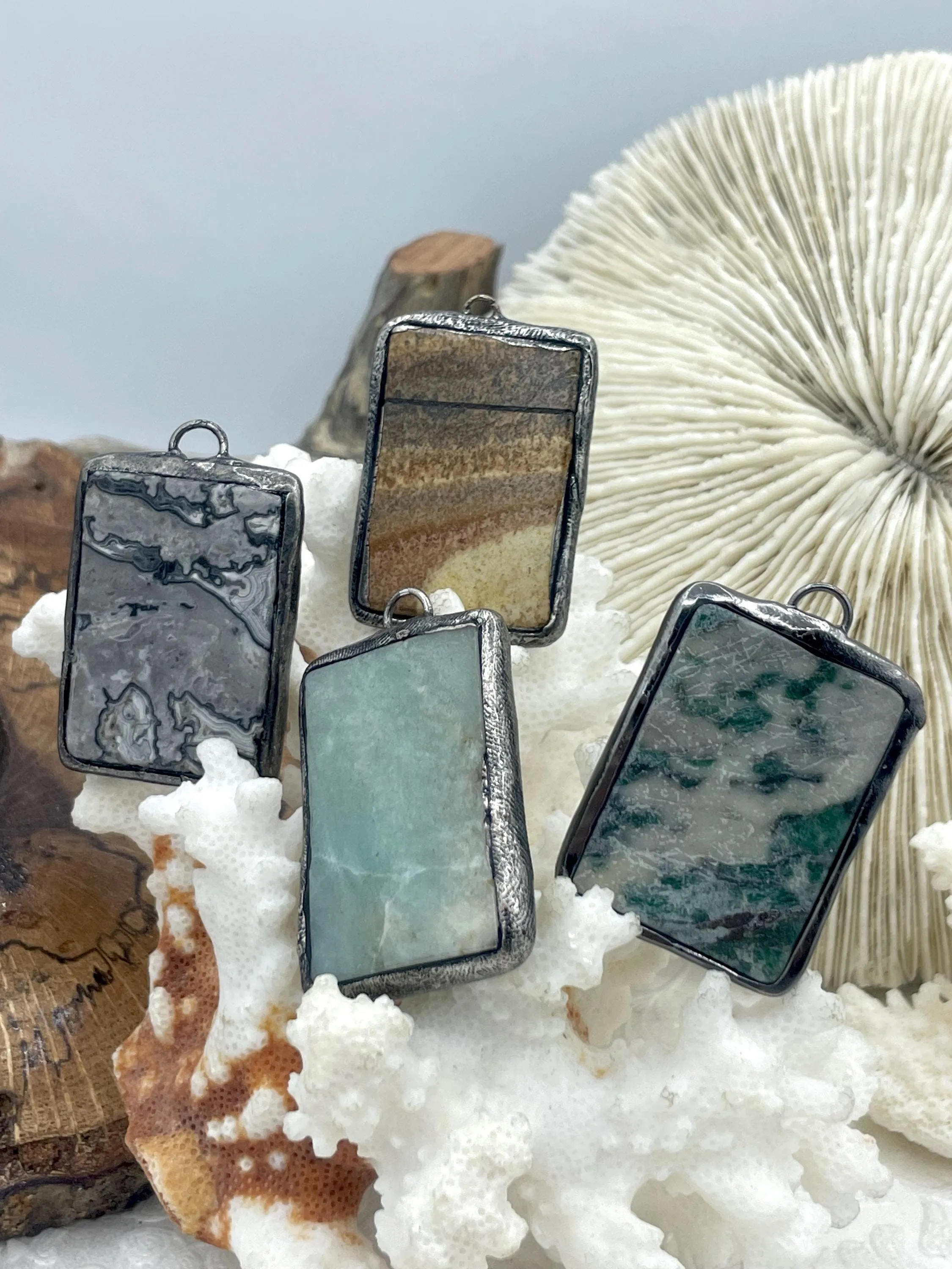 Soldered Natural Stone Pendants, Rectangle Stone Pendants with Gunmetal ,Comes in a variety of patterns, 7 Styles, Natural Stone, Fast Ship.