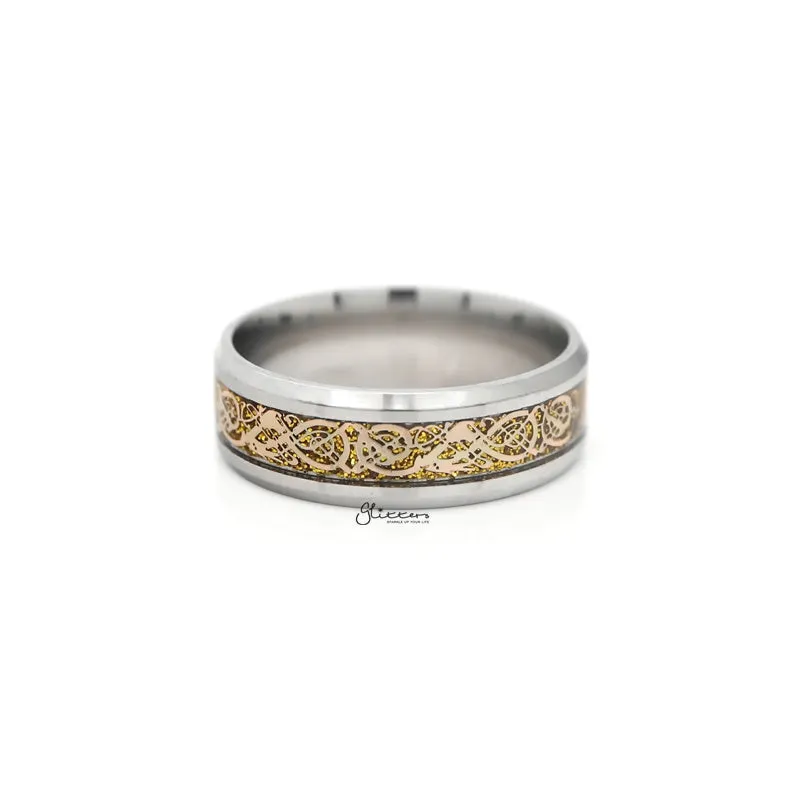 Stainless Steel Beveled Edge Band Ring with Gold Stripe Pattern