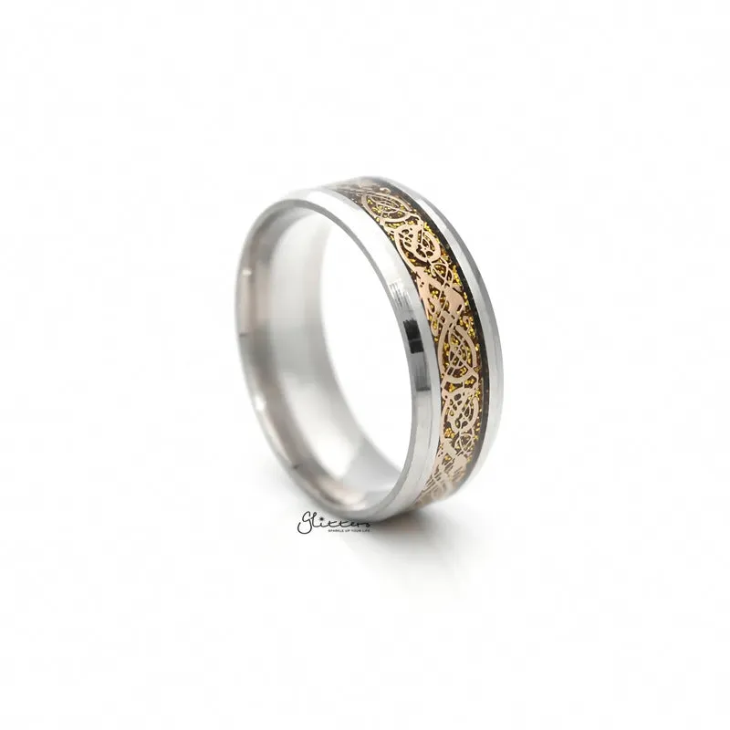 Stainless Steel Beveled Edge Band Ring with Gold Stripe Pattern