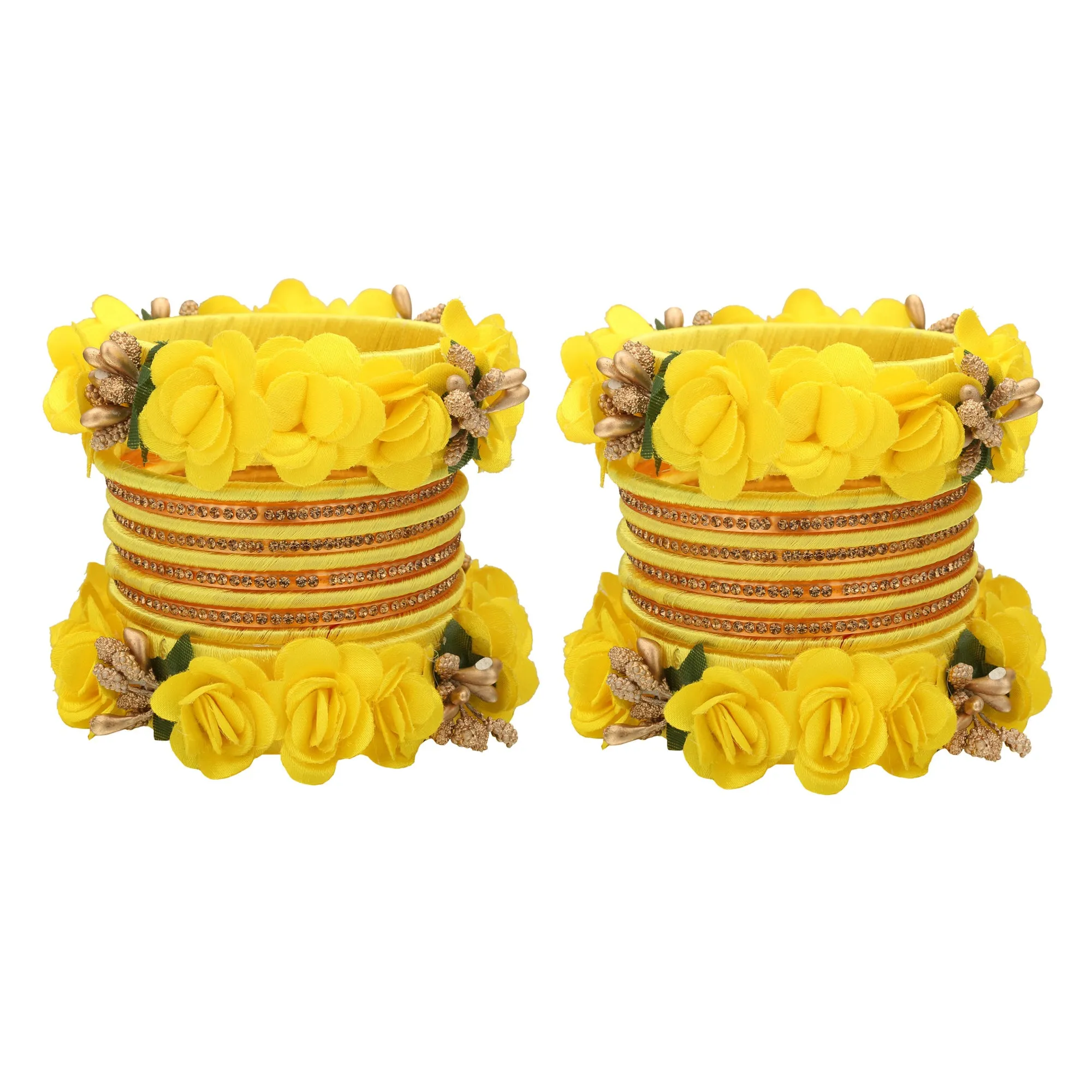 Sukriti Beautiful Handcrafted LemonYellow Flower Designer Silk thread Bridal Chuda Wedding Bangles for Women – Set of 22
