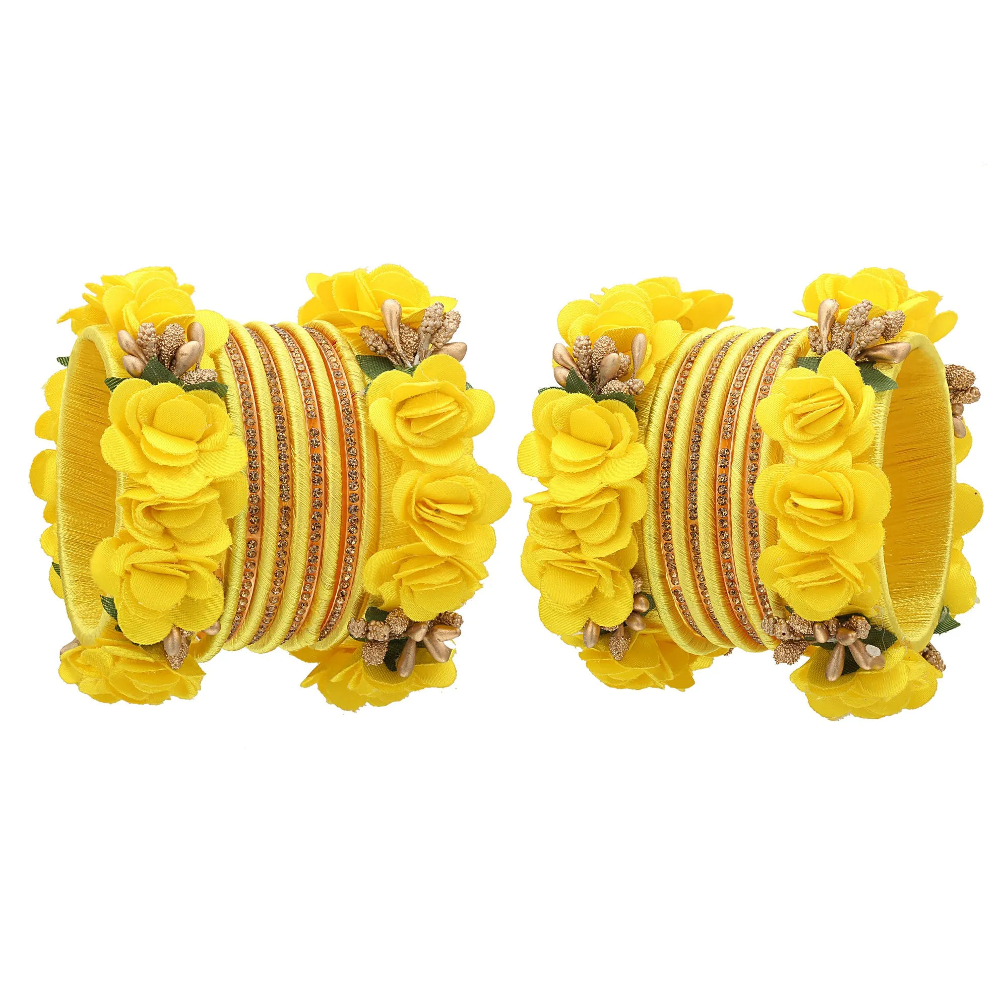 Sukriti Beautiful Handcrafted LemonYellow Flower Designer Silk thread Bridal Chuda Wedding Bangles for Women – Set of 22